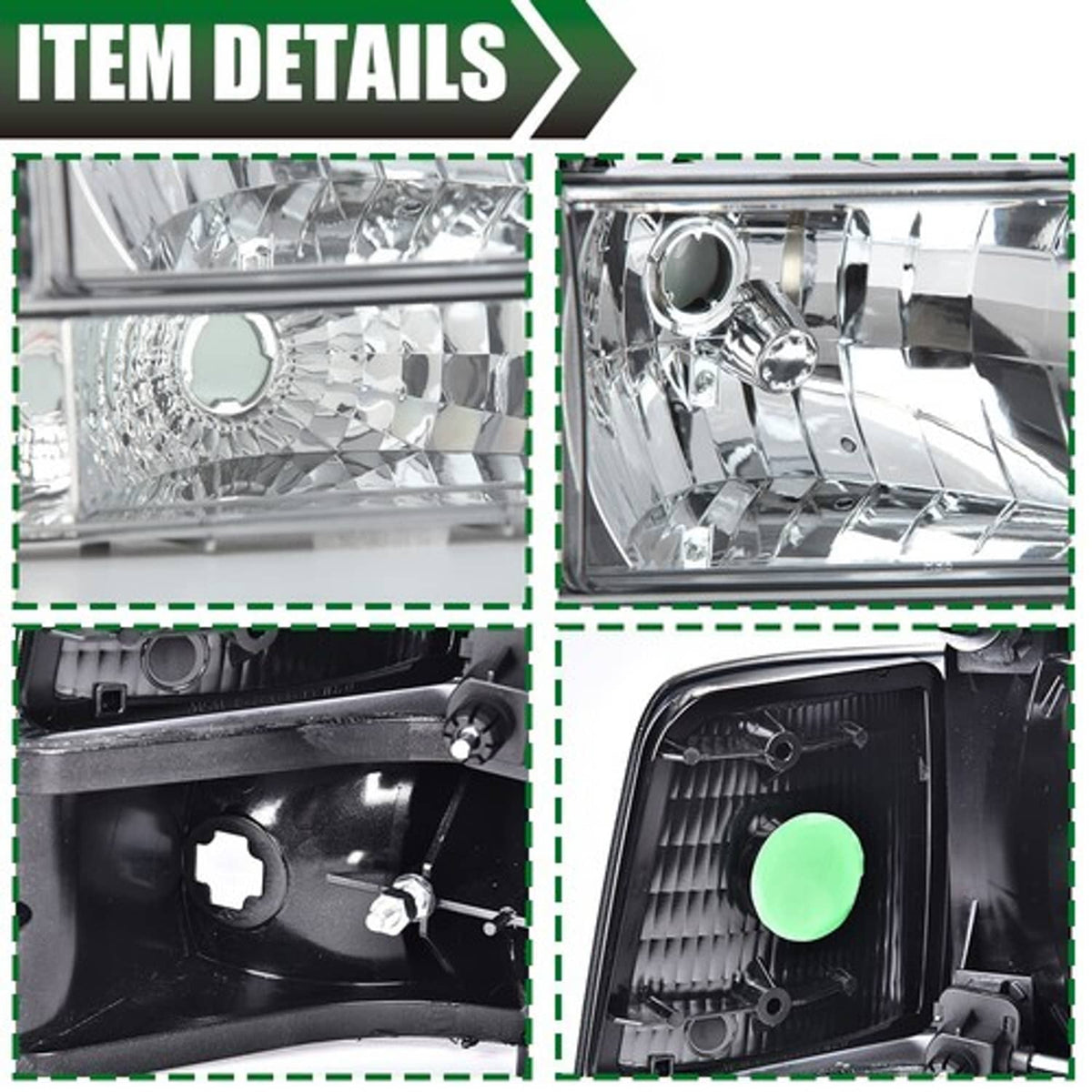 Solid Spare Fit For 92-96 Ford F-150 Bronco Chrome Headlights+Clear Reflector Bumper Lamps