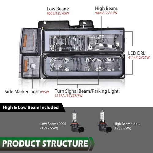 Solid Spare Fit For 94-00 GMC C10 C/K Suburban Chrome/Smoke LED DRL Headlights Bumper Lamps