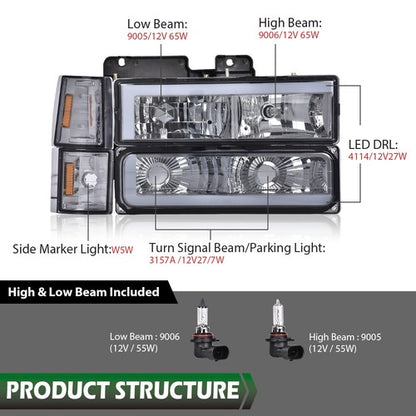 Solid Spare Fit For 94-00 GMC C10 C/K Suburban Chrome/Smoke LED DRL Headlights Bumper Lamps