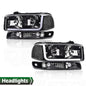 Solid Spare LED DRL Clear Black Headlights+Bumper Lamps Fit For 1999-2007 GMC Sierra/Yukon