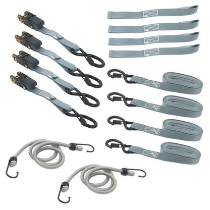 Solid Spare 4 Pack Ratchet Strap Polyester Gray 2200lbs 1in*15ft S Hook 36' Stretch Cord*2