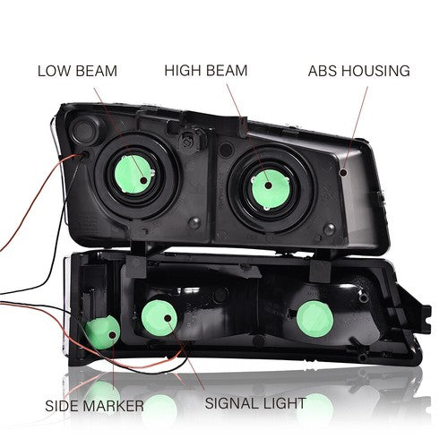 Solid Spare LED Tube Clear Black Headlights+Red Tail Lights Fit For 03-2006 Chevy Silverado