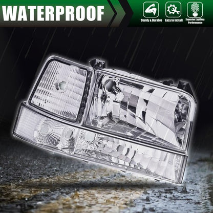 Solid Spare Chrome Headlights Bumper Corner Lamps Fit For 92-96 Ford F150 F250 F350 Bronco