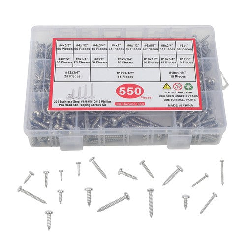 Solid Spare 550Pcs 304 stainless steel wood screws kits #4 #6 #8 #10 #12 countersunk Silver