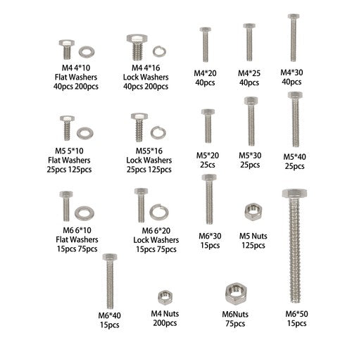 Solid Spare 1600Pack M4 M5 M6 Heavy Duty Nuts Flat and Bolts & Lock Washers Assortment Kit
