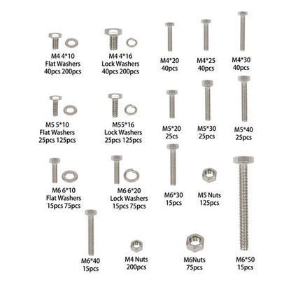 Solid Spare 1600Pack M4 M5 M6 Heavy Duty Nuts Flat and Bolts & Lock Washers Assortment Kit