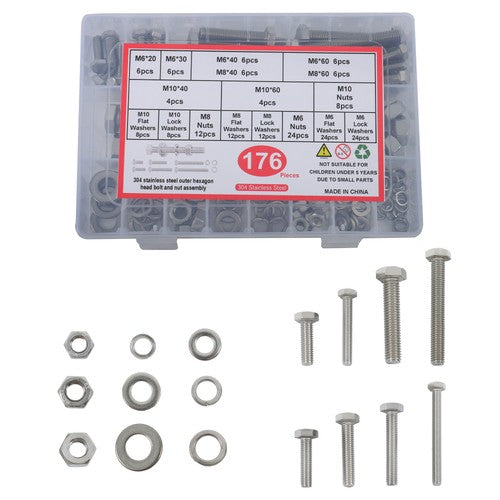 Solid Spare 176 Pieces M6 M8 M10 Bolts and Nuts Flat Washers Combination Kit Stainless Steel