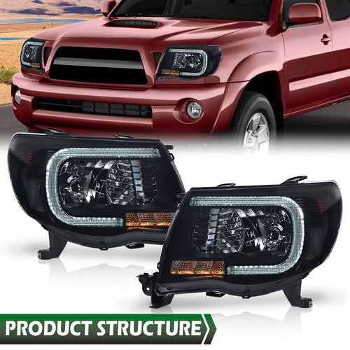 Solid Spare Fit For 2005-2011 Toyota Tacoma Smoke Lens Black Housing Headlights w/LED DRL
