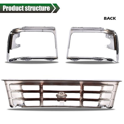 Solid Spare Front Grille+Headlight Trim Bezel Chrome Set Fit For 1992-1996 Ford Bronco F150