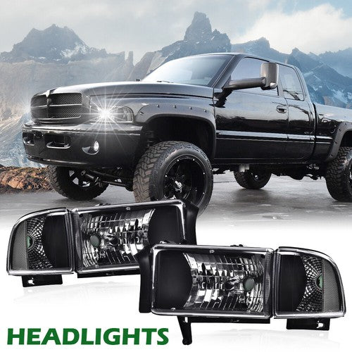 Solid Spare Clear Corner Black Headlights Assembly Fit For 94-02 Dodge Ram 1500 2500 3500