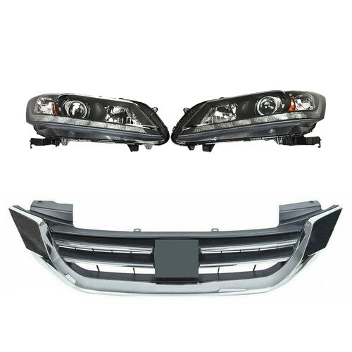 Solid Spare Headlights W/LED DRL Halogen& Bumper Grille For 13-15 Honda Accord Chrome Pair
