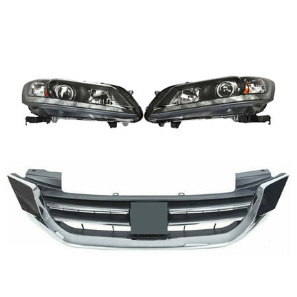 Solid Spare Headlights W/LED DRL Halogen& Bumper Grille For 13-15 Honda Accord Chrome Pair
