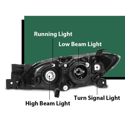 Solid Spare Fit For 2004-2009 Mazda 3 4-Door Sedan Clear Black Halogen Projector Headlights
