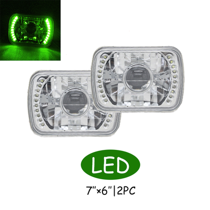 5X7  7X6  Green LED Rectangle Crystal Clear Projector Headlights Headlamp