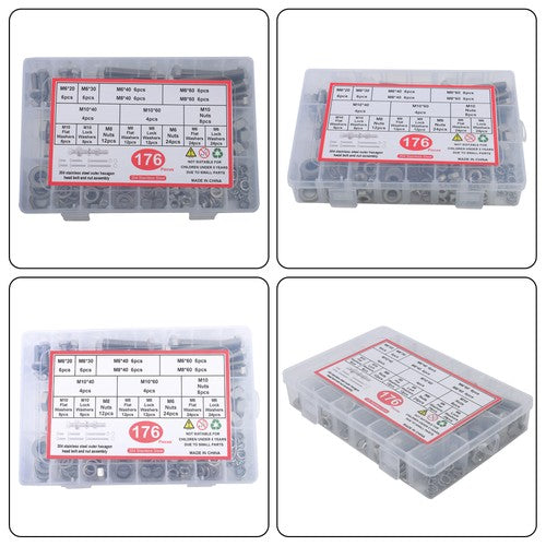 Solid Spare 176 Pack Stainless Steel M6 M8 M10 Bolts and Nuts Flat Washers Combination Kit