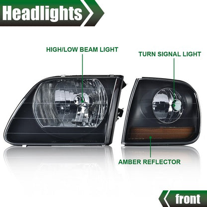 Solid Spare Black Headlights+Amber Corner Lights Fit For 97-03 Ford F150/99-02 Expedition