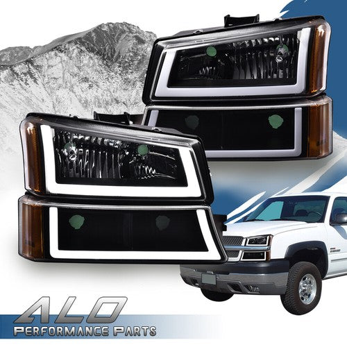 Solid Spare Fit For 2003-2007 Chevy Silverado Avalanche LED DRL Black/Amber Headlights