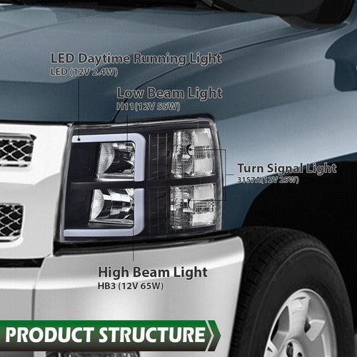 Solid Spare Fit For 07-13 Chevy Silverado 1500 2500 3500 LED DRL Tube Black Headlights