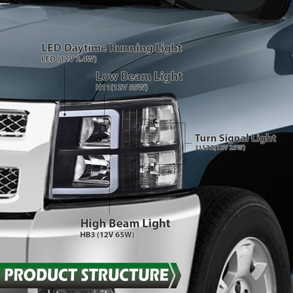 Solid Spare Fit For 07-13 Chevy Silverado 1500 2500 3500 LED DRL Tube Black Headlights
