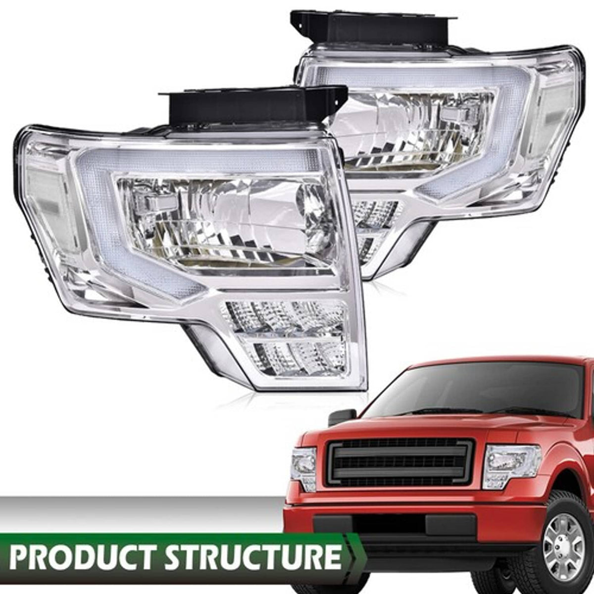 Solid Spare Pair Chrome/Clear LED DRL Headlights Front Lamps Fit For 09-14 Ford F-150 Pickup