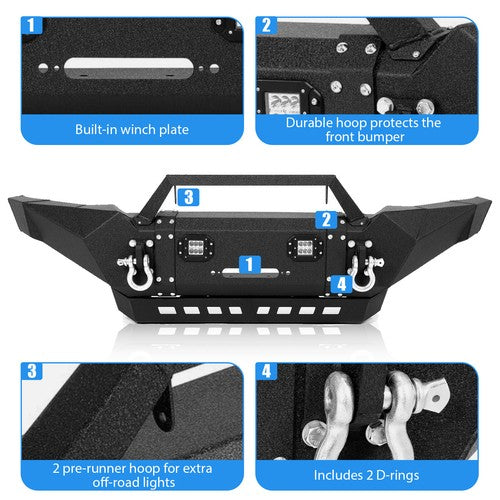 Solid Spare For Toyota Tacoma 2005-15 Front Bumper Steel w/Winch Plate&LED Lights&Skid Plate