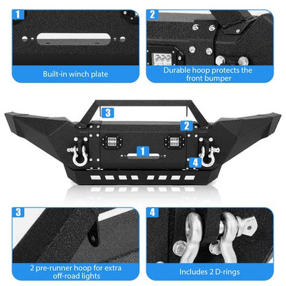 Solid Spare For Toyota Tacoma 2005-15 Front Bumper Steel w/Winch Plate&LED Lights&Skid Plate