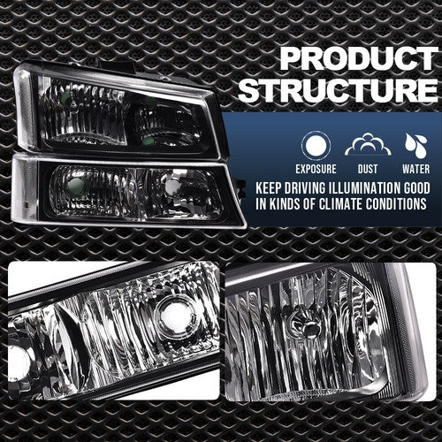 Solid Spare Black Headlights+Clear Reflector Signal Bumper Lamps Fit For 2003-2006 Silverado