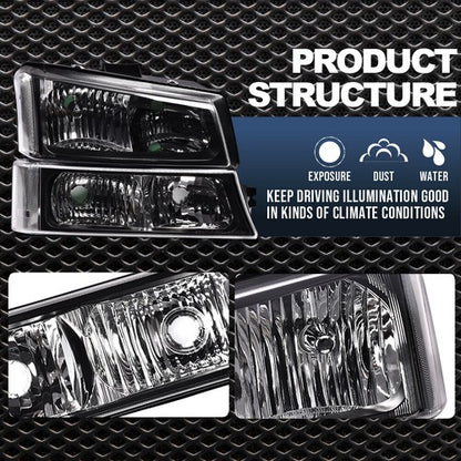 Solid Spare Black Headlights+Clear Reflector Signal Bumper Lamps Fit For 2003-2006 Silverado