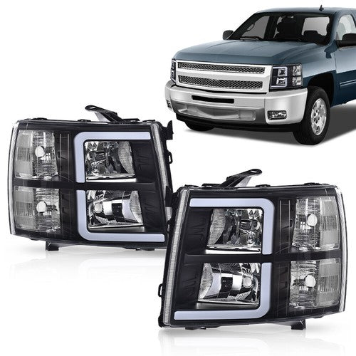 Solid Spare Fit For 07-13 Chevy Silverado 1500 2500 3500 LED DRL Tube Black Headlights