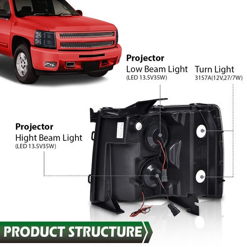 Solid Spare Fit For 2007-2013 Chevy Silverado Smoked Dual LED DRL Strip Projector Headlights