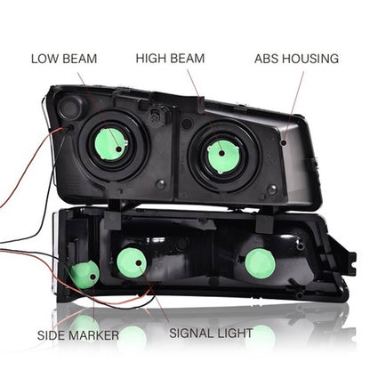 Solid Spare Fit For 03-06 Chevrolet Silverado LED DRL Clear Chrome Headlights+Tail Lights