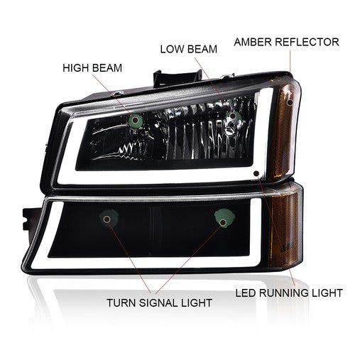 Solid Spare Fit For 2003-2007 Chevy Silverado Avalanche LED DRL Black/Amber Headlights