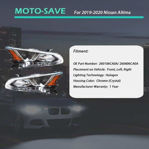 Solid Spare For Nissan Altima 2019-2020 LH+RH Headlight Replacement Halogen Chrome Housing