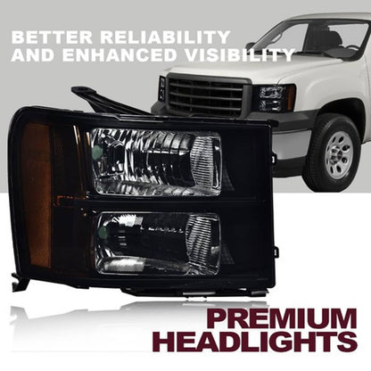 Solid Spare Fit For 2007-2014 GMC Sierra 1500 2500 3500 Smoked/Black Headlight Head Lamps