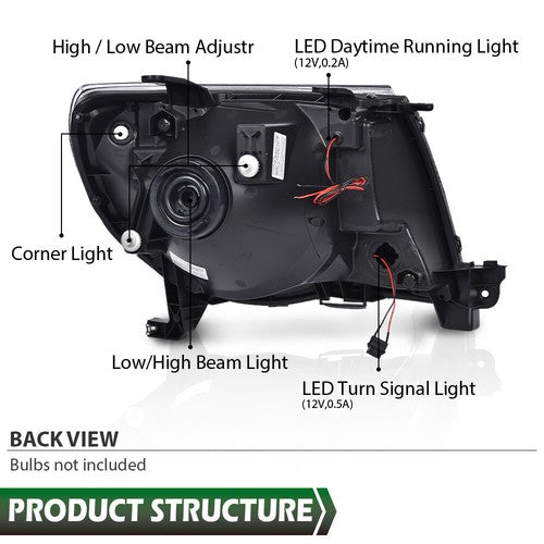 Solid Spare Fit For 2005-2011 Toyota Tacoma Black LED Tube DRL Headlights Headlamps Pair