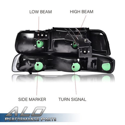Solid Spare Fit For 1999-2002 Chevy Silverado Smoke Lens Black Housing Headlights Headlamps