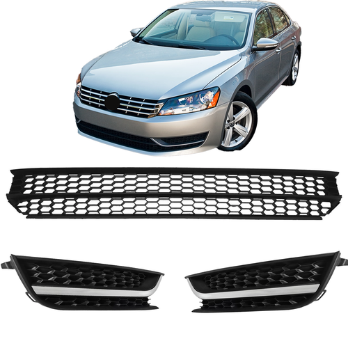 Front Bumper Lower Grille & Fog Light Bezel Cover LH+RH Fit 2012-2015 VW Passat