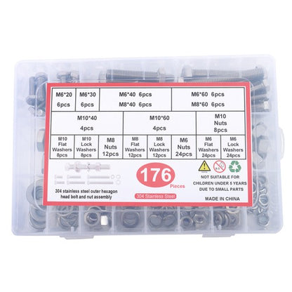Solid Spare 176 Pieces M6 M8 M10 Bolts and Nuts Flat Washers Combination Kit Stainless Steel