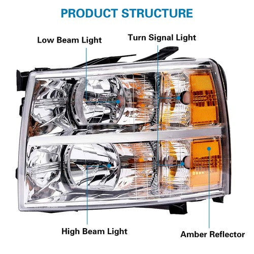 Solid Spare For 2007-2013 Chevy Silverado 1500 2500HD Chrome Housing Headlights Left & Right