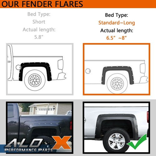 Solid Spare Fit For 14-18 Chevy Silverado 6.5'-8' Bed 4pcs Pocket Rivet Wheel Fender Flares