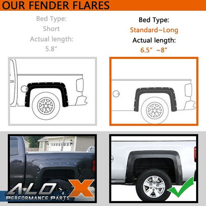 Solid Spare Fit For 14-18 Chevy Silverado 6.5'-8' Bed 4pcs Pocket Rivet Wheel Fender Flares