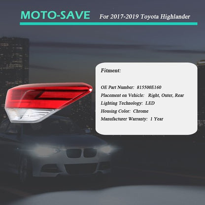 Solid Spare Rear Lamp Outer Tail Light Red For Toyota Highlander 2017-2019 Passenger RH Side