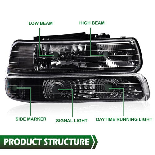 Solid Spare Pair Clear Lens Black Housing Headlights Fit For 99-02 Silverado/00-06 Suburban