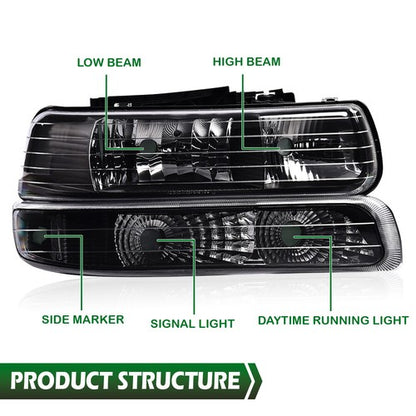 Solid Spare Pair Clear Lens Black Housing Headlights Fit For 99-02 Silverado/00-06 Suburban