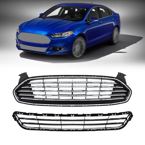 Solid Spare New For Ford Fusion 2013-2016 2pcs Chrome Grill Front Upper & Lower Grille Kit