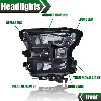 Solid Spare Fit For 15-17 Ford F-150 Smoke Lens Chrome Housing Headlights Headamps LH RH