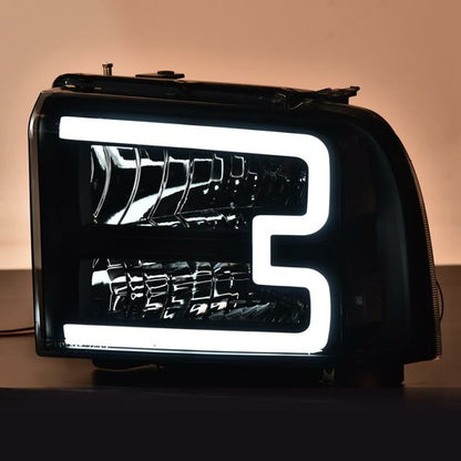 Solid Spare Fit For 2005-07 Ford F250 F350 Super Duty [LED DRL Bar] Headlights Smoked/Clear