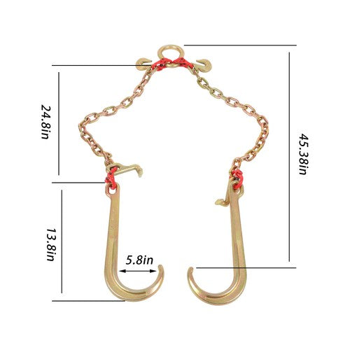Solid Spare G80 5/16" x 2' V Type Towing Chain Bridle with 15" J and Grab Hooks Steel New