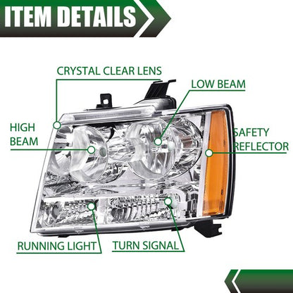 Solid Spare Headlights Assembly Fit For 07-14 Chevy Tahoe Suburban Avalanche Chrome Amber