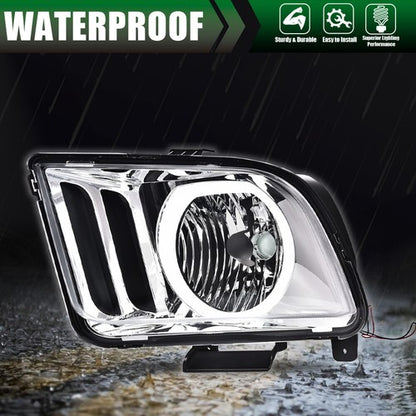 Solid Spare Fit For 2005-2009 Ford Mustang Clear Lens Chrome Halo Headlights Left+Right